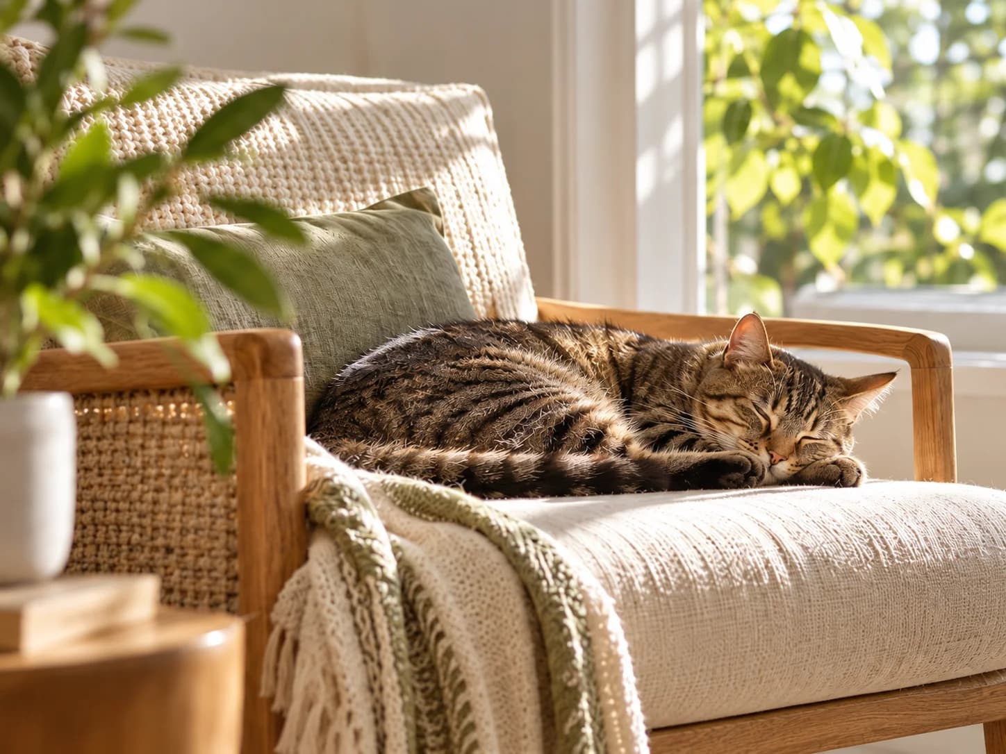 A tabby cat asleep on a linen armchair beside a sunlit window